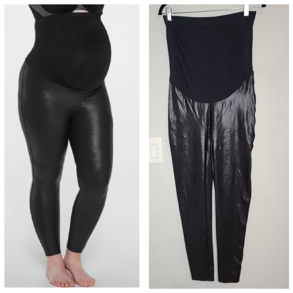 Spanx Mama Maternity Black Faux Leather Leggings Size 1X Vegan Leather Stretchy